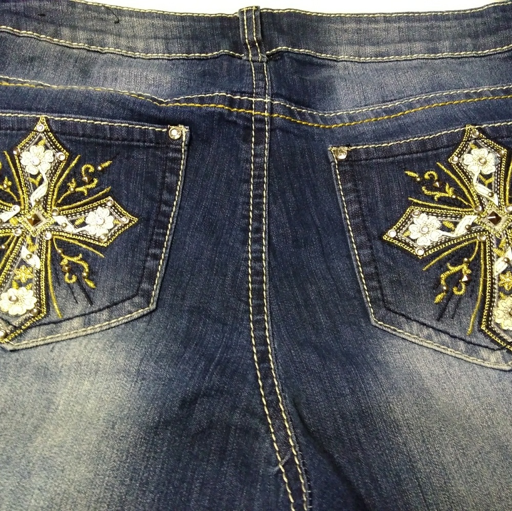 Distressed Bling Cross Pocket Bootcut Jeans